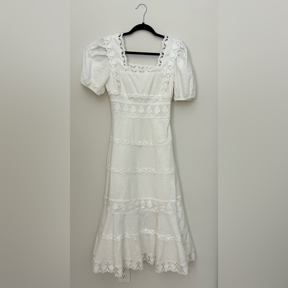 Endless Rose White Puff Sleeve Square Neck Crochet Maxi Dress. XS